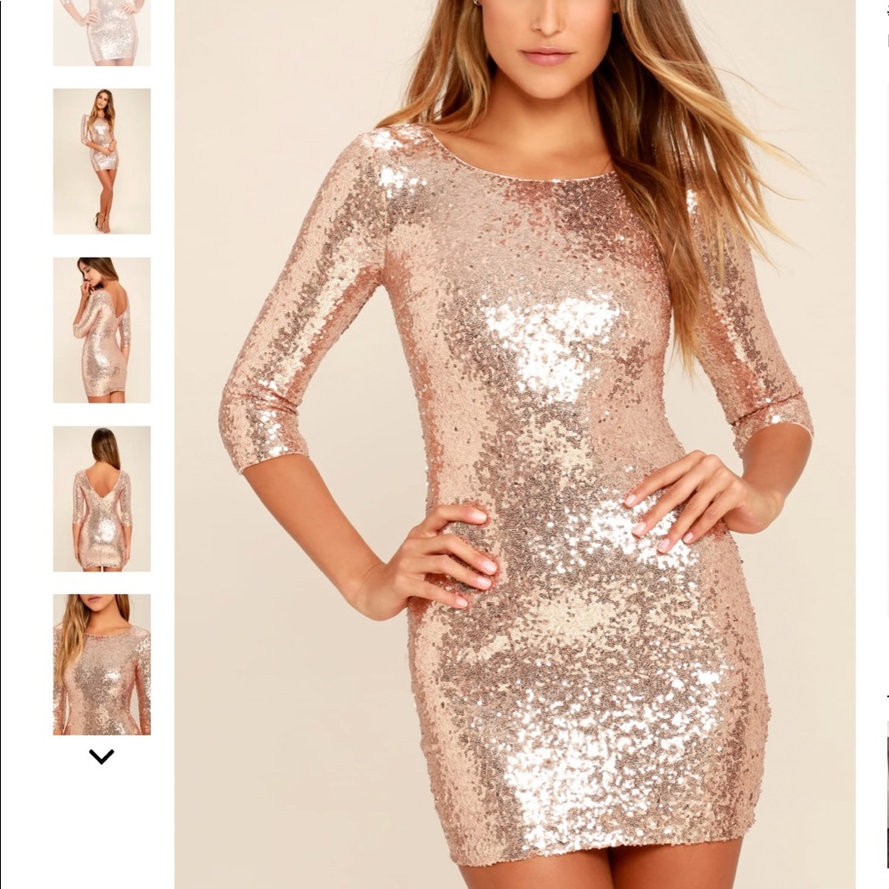 Lulu’s World’s a Stage Rose Gold Sequin Dress